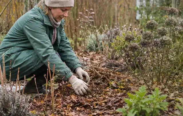 Person verteilt eine schützende Mulchschicht zwischen winterlichen Stauden; Thema Frühlingsblüher, Schwerpunkt Pflanzengesundheit; Kontrolle.
