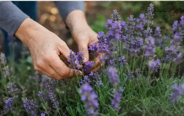Hände pflegen blühenden Lavendel in einem natürlich angelegten Gartenbeet; Thema Frühlingsblüher, Schwerpunkt Pflanzenschutz; Umsetzung.