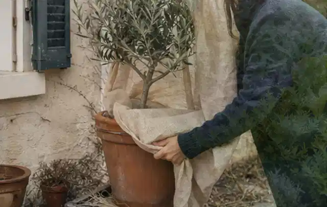 Person umhüllt eine mediterrane Kübelpflanze mit atmungsaktivem Winterschutz; Thema Frühlingsblüher, Schwerpunkt Pflanzpartner; Ergebnis.