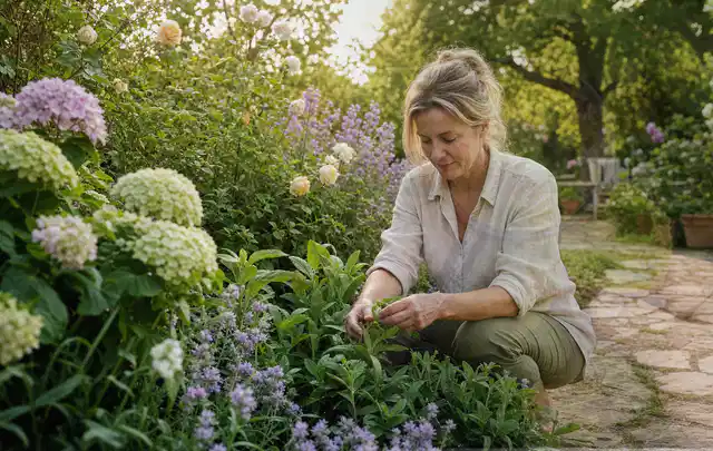 Person pflegt üppige Pflanzen in einem natürlich beleuchteten Garten; Thema Frühlingsblüher, Schwerpunkt Problemlösung; Kontrolle.