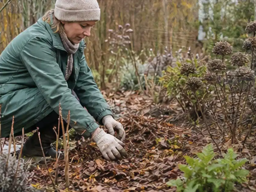 Person verteilt eine schützende Mulchschicht zwischen winterlichen Stauden; Thema Frühlingsblüher, Schwerpunkt Rückschnitt; Titelbild.