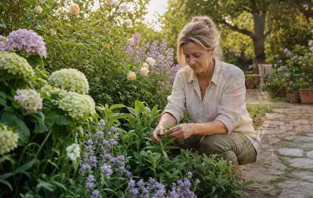 Person pflegt üppige Pflanzen in einem natürlich beleuchteten Garten; Thema Frühlingsblüher, Schwerpunkt Rückschnitt; Ergebnis.