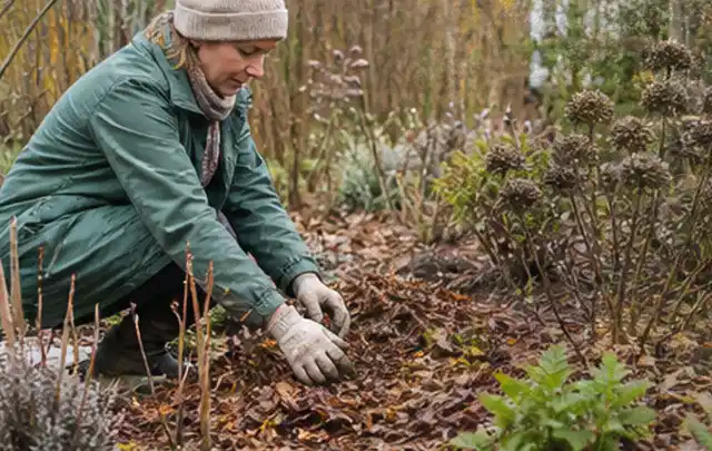 Person verteilt eine schützende Mulchschicht zwischen winterlichen Stauden; Thema Frühlingsblüher, Schwerpunkt Sortenwahl; Umsetzung.