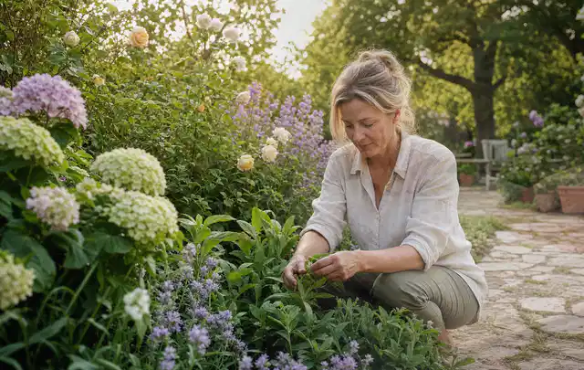Person pflegt üppige Pflanzen in einem natürlich beleuchteten Garten; Thema Frühlingsblüher, Schwerpunkt Sortenwahl; Ergebnis.