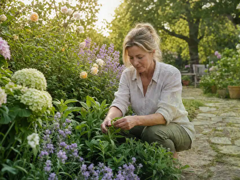 Person pflegt üppige Pflanzen in einem natürlich beleuchteten Garten; Thema Frühlingsblüher, Schwerpunkt Standort; Titelbild.