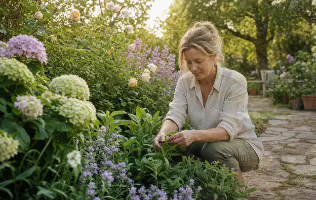 Person pflegt üppige Pflanzen in einem natürlich beleuchteten Garten; Thema Frühlingsblüher, Schwerpunkt Topfkultur; Umsetzung.