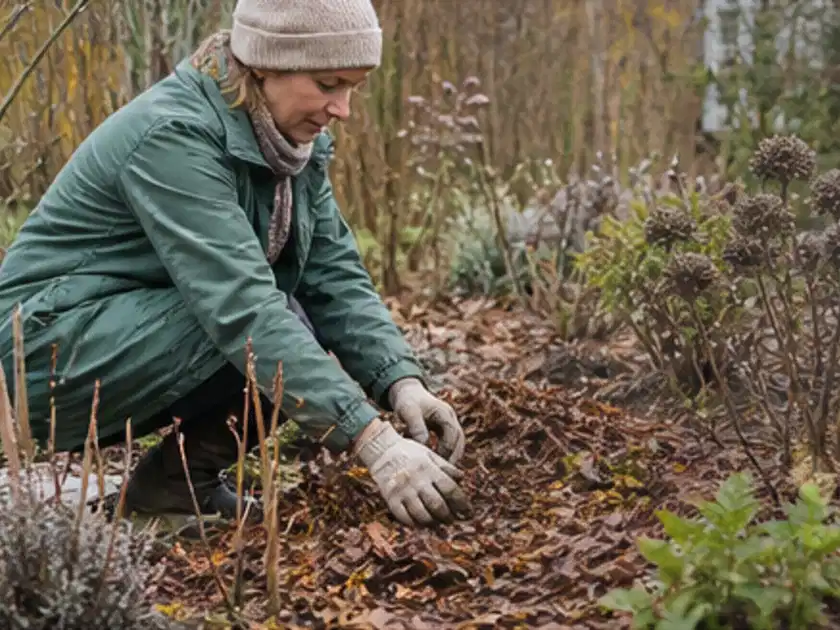 Person verteilt eine schützende Mulchschicht zwischen winterlichen Stauden; Thema Frühlingsblüher, Schwerpunkt Vermehrung; Titelbild.