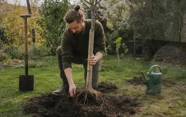 Person setzt einen jungen Zierbaum in ein vorbereitetes Pflanzloch im Garten; Thema Frühlingsblüher, Schwerpunkt Vermehrung; Ausgangslage.