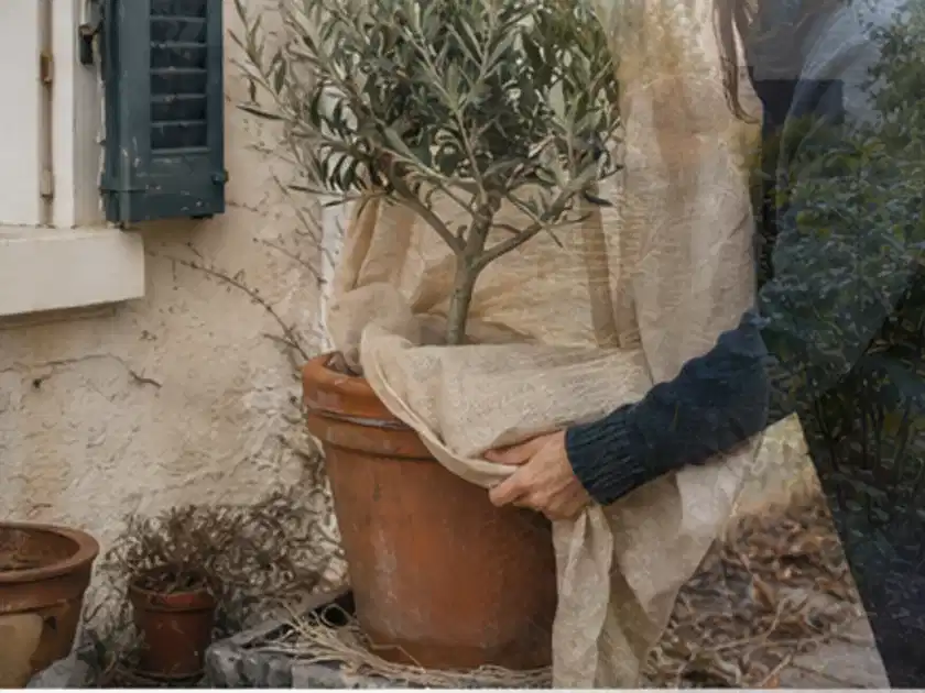 Person umhüllt eine mediterrane Kübelpflanze mit atmungsaktivem Winterschutz; Thema Frühlingsblüher, Schwerpunkt Winterpflege; Titelbild.