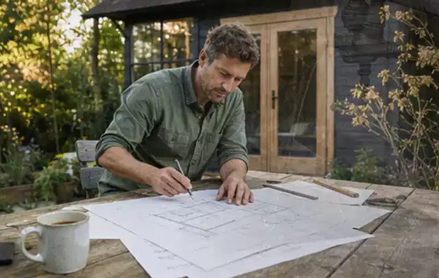 Person prüft Bauzeichnungen an einem Gartentisch vor einem kleinen Gartenhaus; Thema Fundamente, Schwerpunkt Gartenhäuser Bauen; Kontrolle.