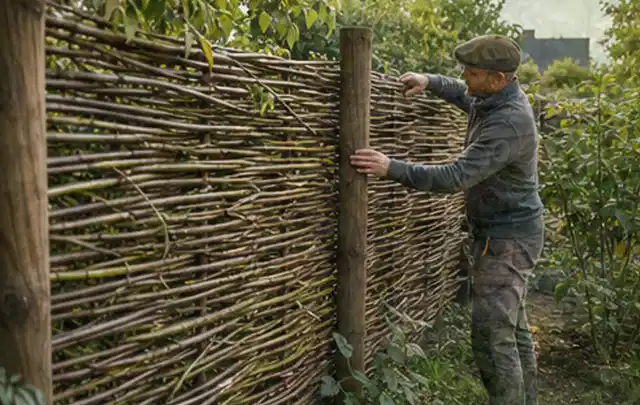 Person befestigt geflochtene Weidenruten an stabilen Holzpfosten im Garten; Thema Fundamente, Schwerpunkt Gartenhäuser Bauen; Ergebnis.