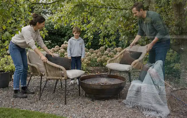 Familie stellt wetterfeste Sessel an einem geschützten Sitzplatz im Garten auf; Thema Gabionen, Schwerpunkt Aufbau; Umsetzung.