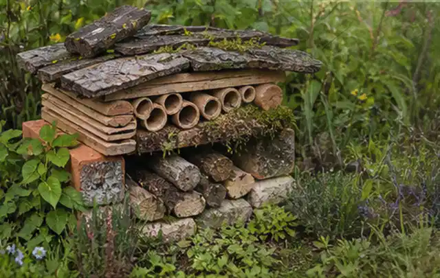 Naturnaher Unterschlupf aus Holz Rinde und Pflanzenstängeln im Garten; Thema Gabionen, Schwerpunkt Baurecht; Ausgangslage.