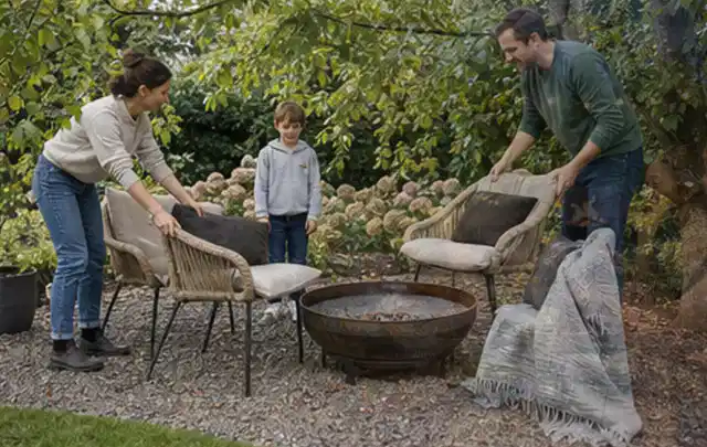 Familie stellt wetterfeste Sessel an einem geschützten Sitzplatz im Garten auf; Thema Gabionen, Schwerpunkt Baurecht; Ergebnis.