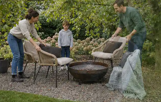 Familie stellt wetterfeste Sessel an einem geschützten Sitzplatz im Garten auf; Thema Gabionen, Schwerpunkt Checkliste; Ausgangslage.