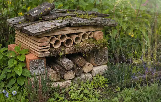 Naturnaher Unterschlupf aus Holz Rinde und Pflanzenstängeln im Garten; Thema Gabionen, Schwerpunkt Checkliste; Ergebnis.