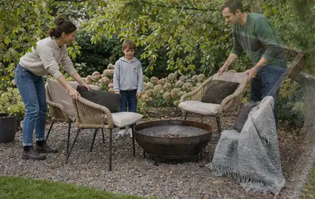 Familie stellt wetterfeste Sessel an einem geschützten Sitzplatz im Garten auf; Thema Gabionen, Schwerpunkt Dimensionierung; Umsetzung.