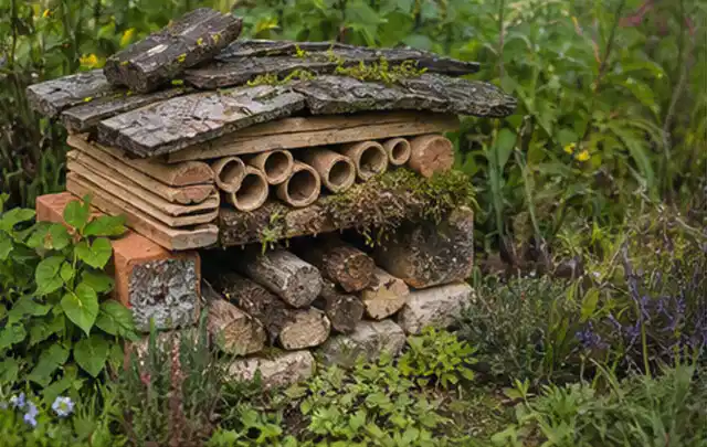 Naturnaher Unterschlupf aus Holz Rinde und Pflanzenstängeln im Garten; Thema Gabionen, Schwerpunkt DIY; Ausgangslage.
