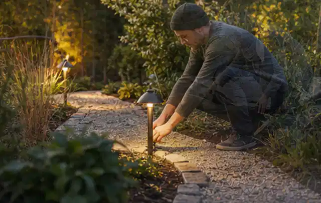 Person richtet eine niedrige warm leuchtende Gartenlampe am Kiesweg aus; Thema Gabionen, Schwerpunkt DIY; Umsetzung.