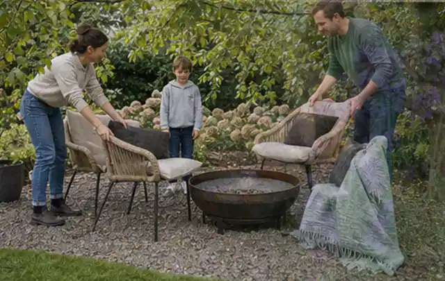 Familie stellt wetterfeste Sessel an einem geschützten Sitzplatz im Garten auf; Thema Gabionen, Schwerpunkt DIY; Ergebnis.