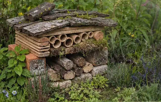 Naturnaher Unterschlupf aus Holz Rinde und Pflanzenstängeln im Garten; Thema Gabionen, Schwerpunkt Fehlerhilfe; Umsetzung.