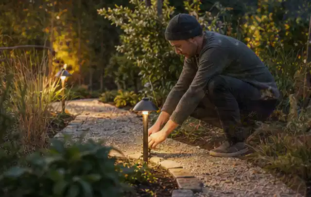 Person richtet eine niedrige warm leuchtende Gartenlampe am Kiesweg aus; Thema Gabionen, Schwerpunkt Fehlerhilfe; Ergebnis.