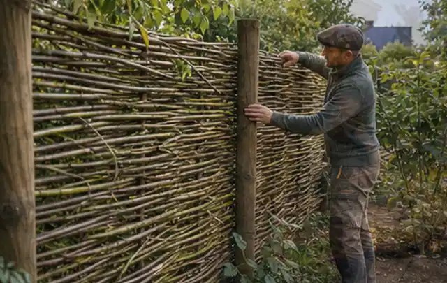 Person befestigt geflochtene Weidenruten an stabilen Holzpfosten im Garten; Thema Gabionen, Schwerpunkt Fundament; Ausgangslage.