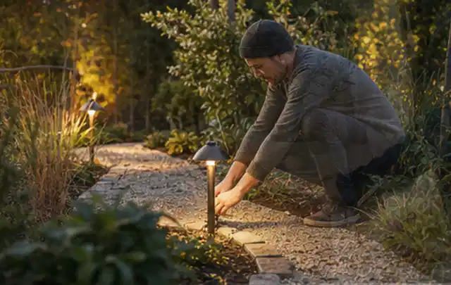 Person richtet eine niedrige warm leuchtende Gartenlampe am Kiesweg aus; Thema Gabionen, Schwerpunkt Fundament; Ergebnis.