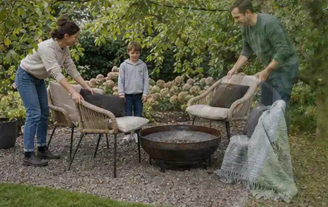 Familie stellt wetterfeste Sessel an einem geschützten Sitzplatz im Garten auf; Thema Gabionen, Schwerpunkt Fundament; Praxisalltag.