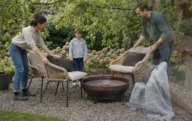 Familie stellt wetterfeste Sessel an einem geschützten Sitzplatz im Garten auf; Thema Gabionen, Schwerpunkt Gärten mit kleiner Fläche; Ergebnis.