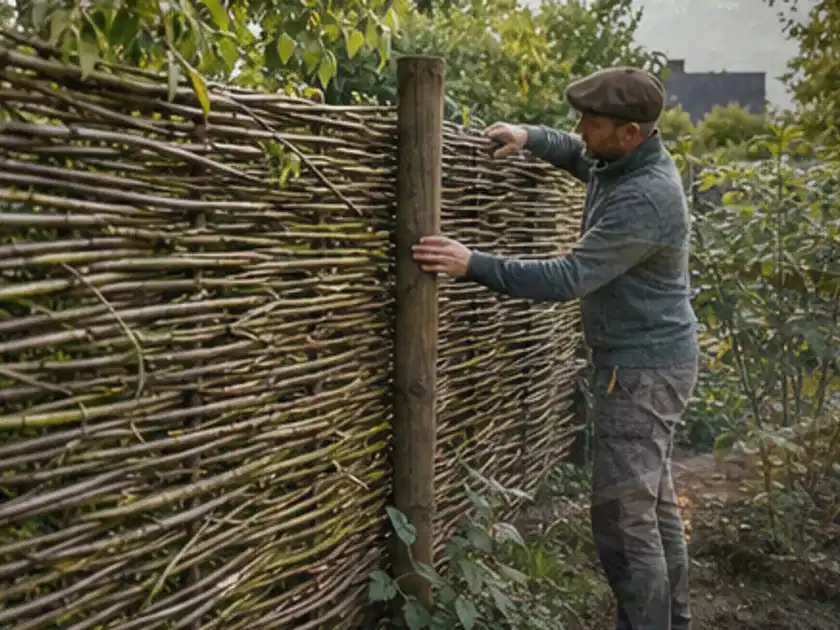 Person befestigt geflochtene Weidenruten an stabilen Holzpfosten im Garten; Thema Gabionen, Schwerpunkt Gestaltung; Titelbild.