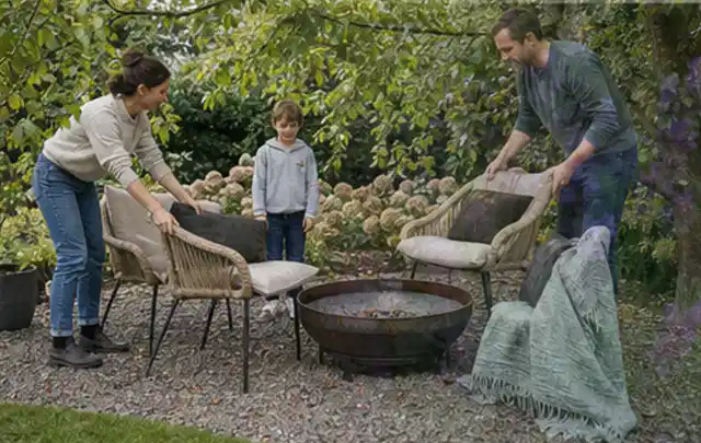 Familie stellt wetterfeste Sessel an einem geschützten Sitzplatz im Garten auf; Thema Gabionen, Schwerpunkt Gestaltung; Umsetzung.