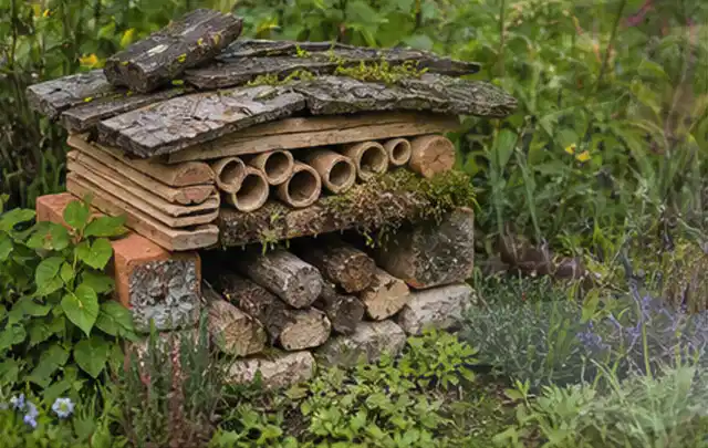 Naturnaher Unterschlupf aus Holz Rinde und Pflanzenstängeln im Garten; Thema Gabionen, Schwerpunkt Gestaltung; Kontrolle.