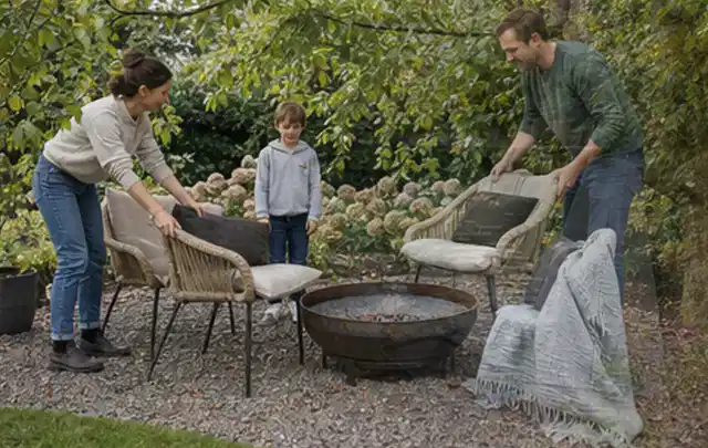 Familie stellt wetterfeste Sessel an einem geschützten Sitzplatz im Garten auf; Thema Gabionen, Schwerpunkt Materialwahl; Kontrolle.