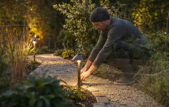 Person richtet eine niedrige warm leuchtende Gartenlampe am Kiesweg aus; Thema Gabionen, Schwerpunkt Pflege; Umsetzung.