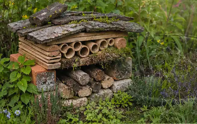 Naturnaher Unterschlupf aus Holz Rinde und Pflanzenstängeln im Garten; Thema Gabionen, Schwerpunkt Pflege; Praxisalltag.