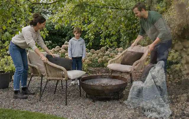 Familie stellt wetterfeste Sessel an einem geschützten Sitzplatz im Garten auf; Thema Gabionen, Schwerpunkt Planung; Kontrolle.