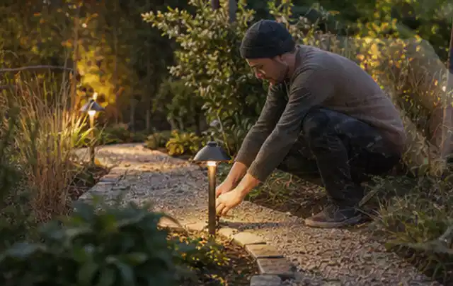 Person richtet eine niedrige warm leuchtende Gartenlampe am Kiesweg aus; Thema Gabionen, Schwerpunkt Planung; Praxisalltag.