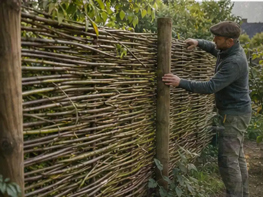 Person befestigt geflochtene Weidenruten an stabilen Holzpfosten im Garten; Thema Gabionen, Schwerpunkt Winterschutz; Titelbild.