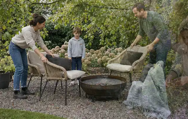 Familie stellt wetterfeste Sessel an einem geschützten Sitzplatz im Garten auf; Thema Gabionen, Schwerpunkt Winterschutz; Umsetzung.