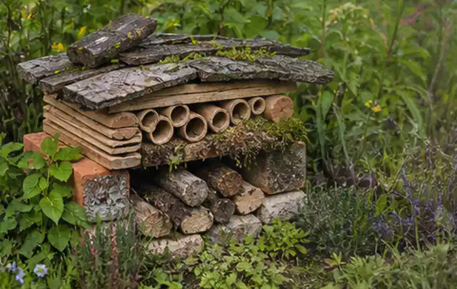 Naturnaher Unterschlupf aus Holz Rinde und Pflanzenstängeln im Garten; Thema Gabionen, Schwerpunkt Winterschutz; Kontrolle.