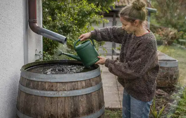 Person kontrolliert ein gefülltes Regenfass unter einem Fallrohr am Haus; Thema Gardena Bewässerung, Schwerpunkt Anwendung; Ausgangslage.