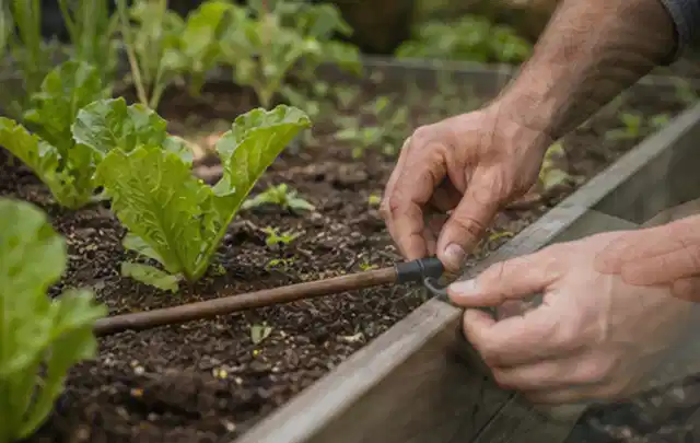Hände befestigen einen Tropfschlauch nahe an jungen Pflanzen im Hochbeet; Thema Gardena Bewässerung, Schwerpunkt Anwendung; Umsetzung.