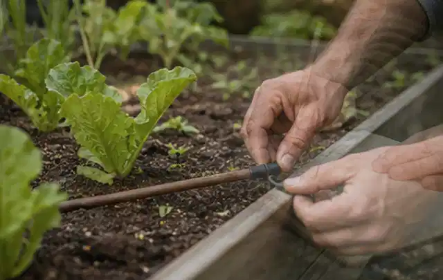 Hände befestigen einen Tropfschlauch nahe an jungen Pflanzen im Hochbeet; Thema Gardena Bewässerung, Schwerpunkt Bewässerung; Kontrolle.