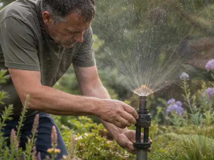 Person richtet einen laufenden Gartensprenger zwischen Stauden präzise aus; Thema Gardena Bewässerung, Schwerpunkt Checkliste; Titelbild.