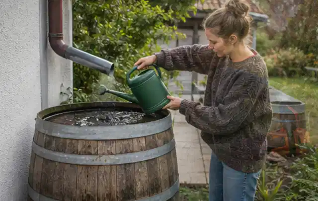 Person kontrolliert ein gefülltes Regenfass unter einem Fallrohr am Haus; Thema Gardena Bewässerung, Schwerpunkt Checkliste; Umsetzung.