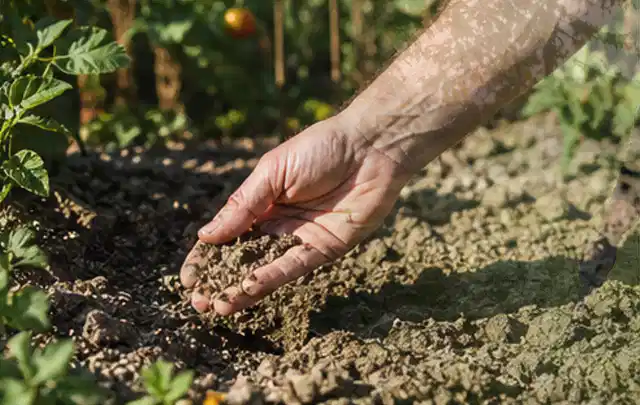 Hand prüft trockene krümelige Gartenerde während einer warmen Sommerphase; Thema Gardena Bewässerung, Schwerpunkt Checkliste; Kontrolle.