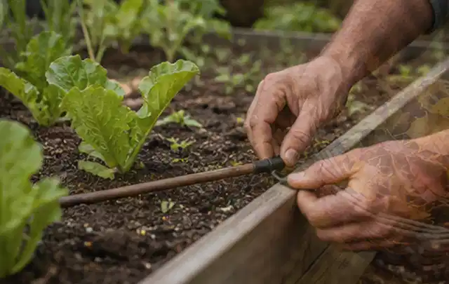 Hände befestigen einen Tropfschlauch nahe an jungen Pflanzen im Hochbeet; Thema Gardena Bewässerung, Schwerpunkt Dimensionierung; Umsetzung.