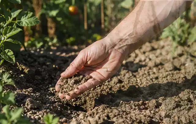 Hand prüft trockene krümelige Gartenerde während einer warmen Sommerphase; Thema Gardena Bewässerung, Schwerpunkt Ersatzteile; Praxisalltag.