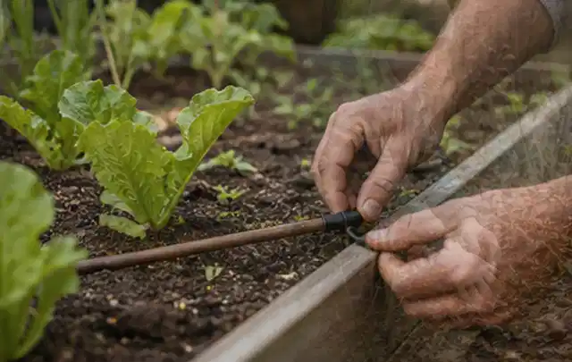 Hände befestigen einen Tropfschlauch nahe an jungen Pflanzen im Hochbeet; Thema Gardena Bewässerung, Schwerpunkt Fehlerhilfe; Ausgangslage.